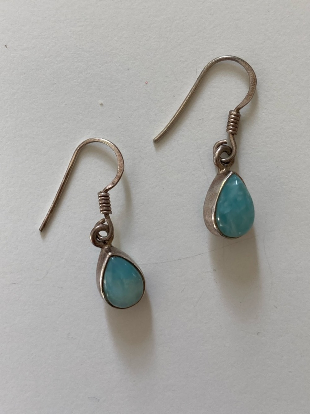 925 sterling silver and Larimar gemstone  teardrop dangle drop pierced earrings